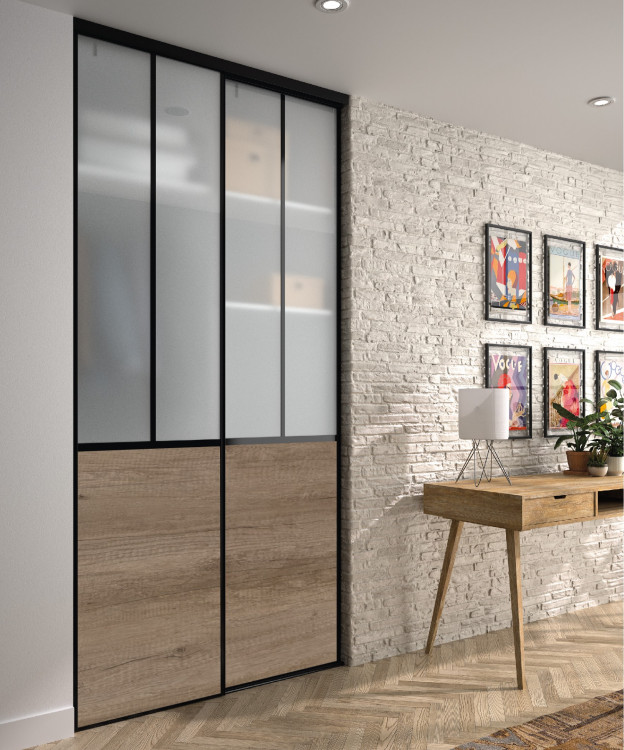 Pack portes de placard coulissantes - 2 vantaux - Atelier pin nordique  verre dépoli